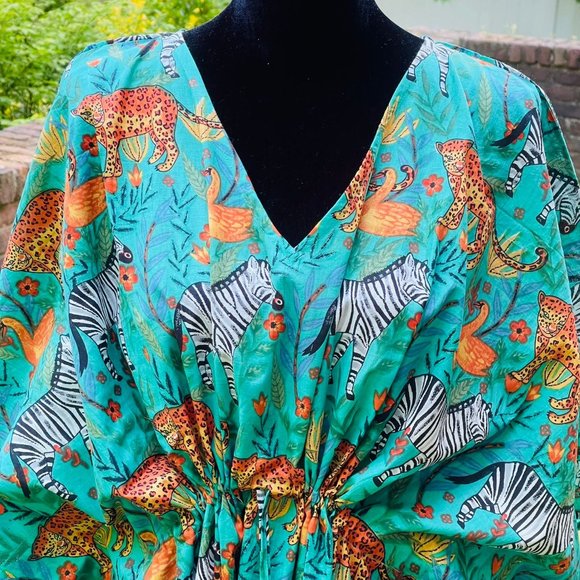 BRAND NEW Turquoise Tiger Print Cotton Kaftan Plus Size Bridesmaid Gown - Picture 3 of 5